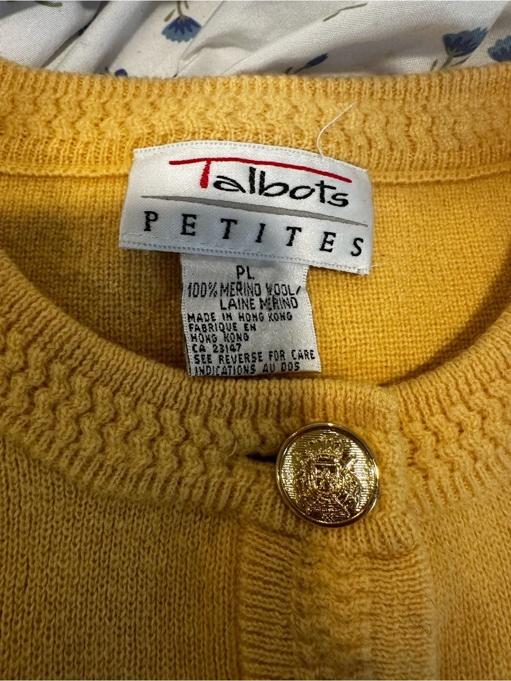 VTG 80s Talbots Petites Sz: PL Preppy yellow merino wool cardigan gold buttons.